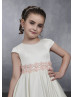 Cap Sleeve Ivory Satin Corset Back Floral Waist Flower Girl Dress